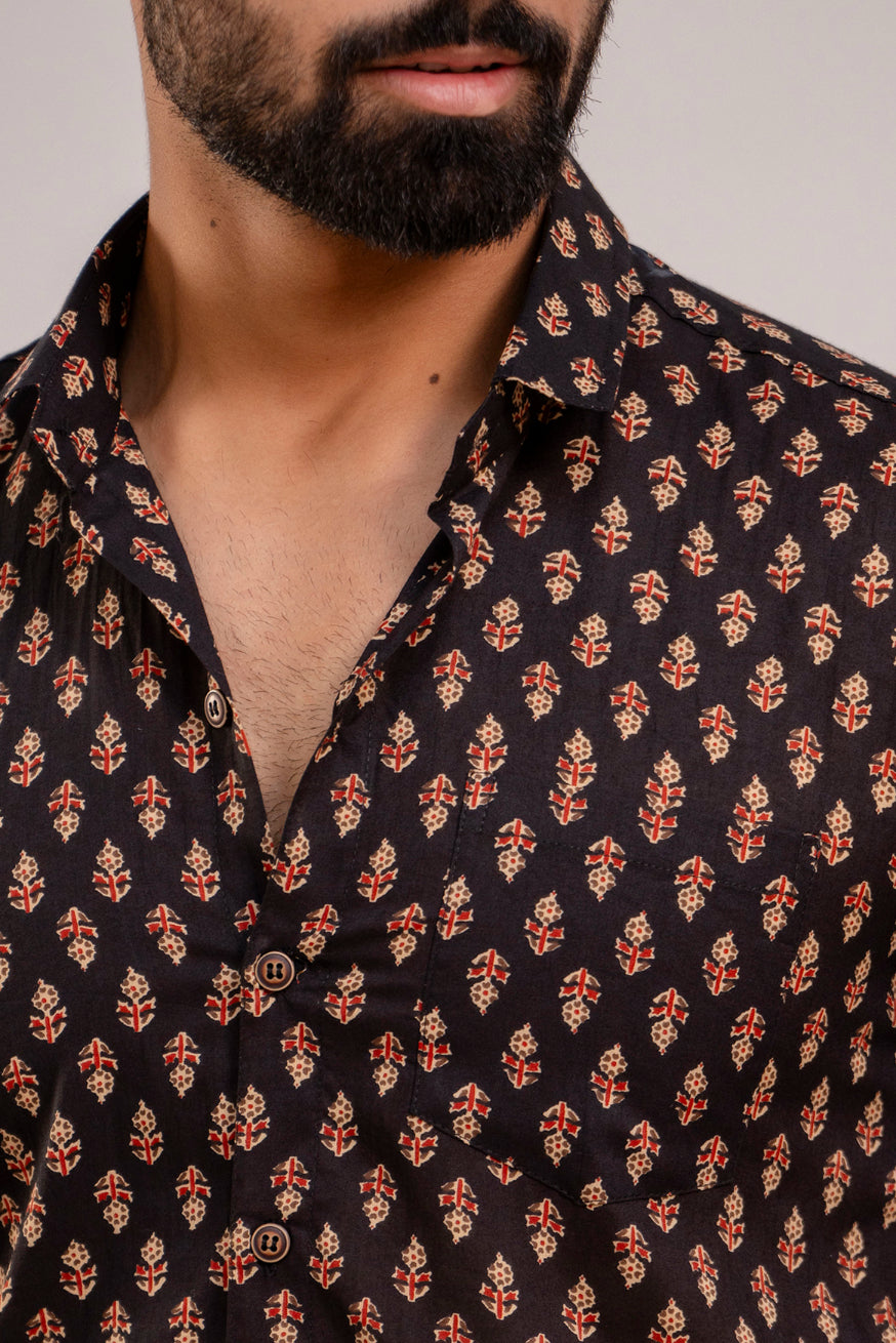 Men Black Ethnic Printed Short Sleeves Casual Cotton Shirt-FrionKandy