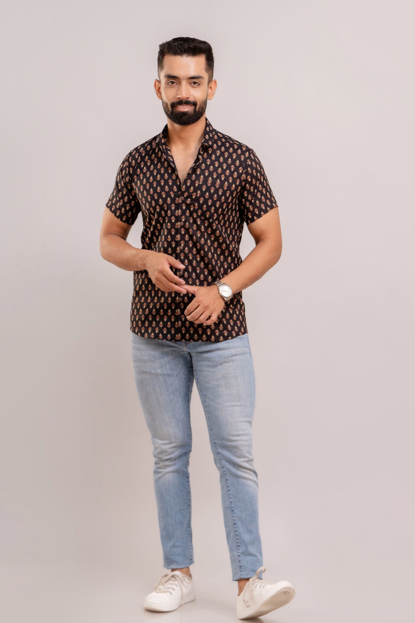 Men Black Ethnic Printed Short Sleeves Casual Cotton Shirt-FrionKandy