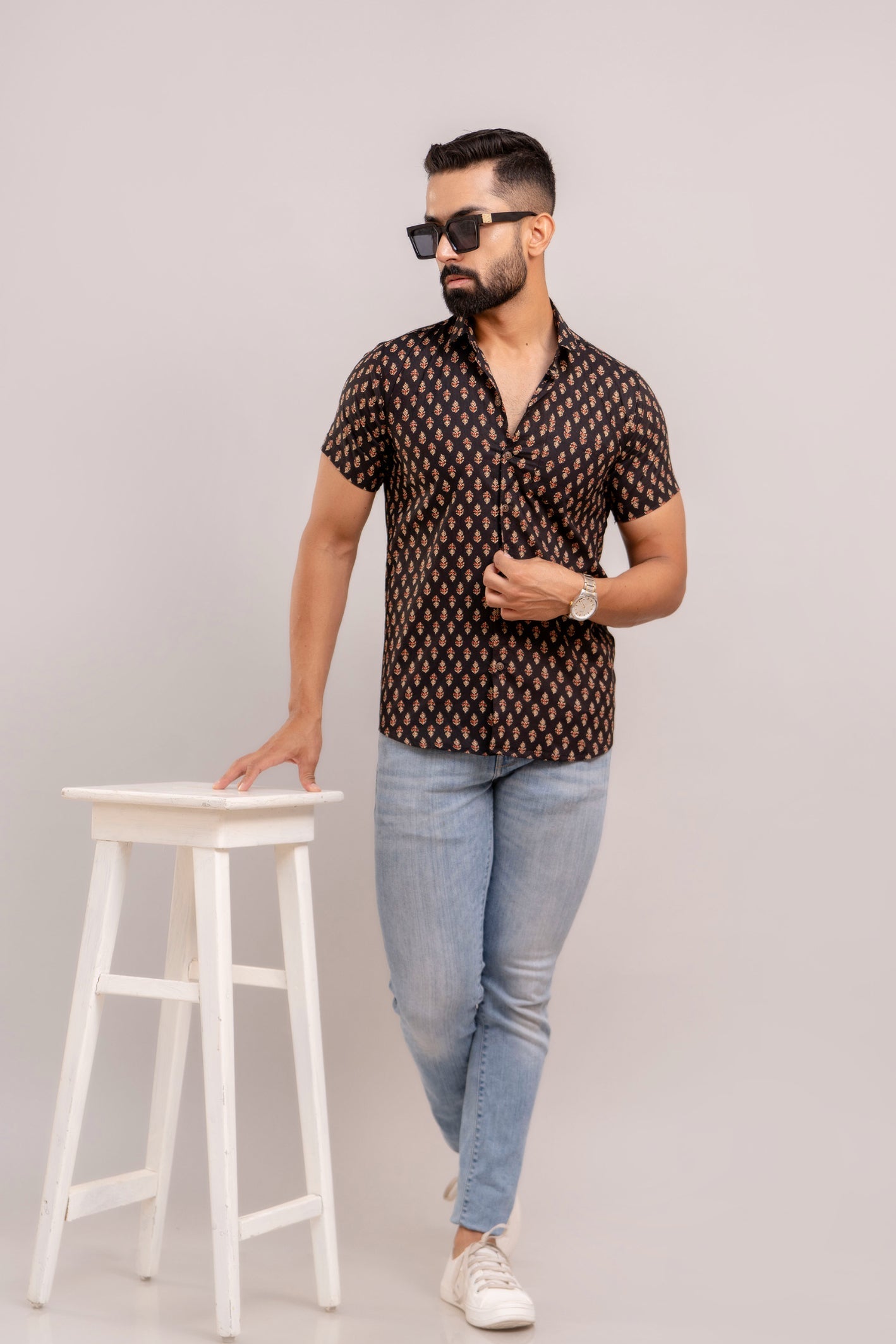 Men Black Ethnic Printed Short Sleeves Casual Cotton Shirt-FrionKandy