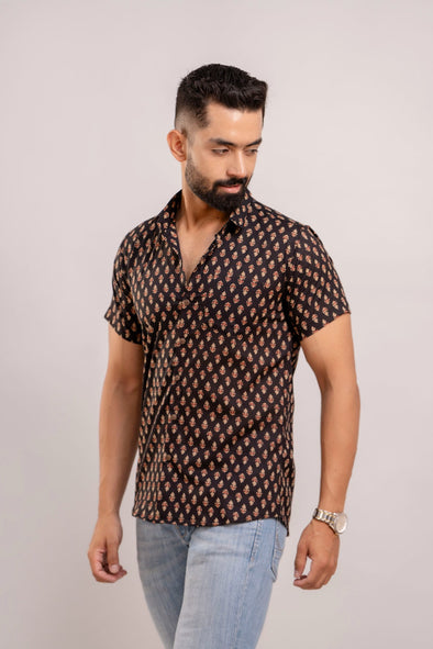 Men Black Ethnic Printed Short Sleeves Casual Cotton Shirt-FrionKandy