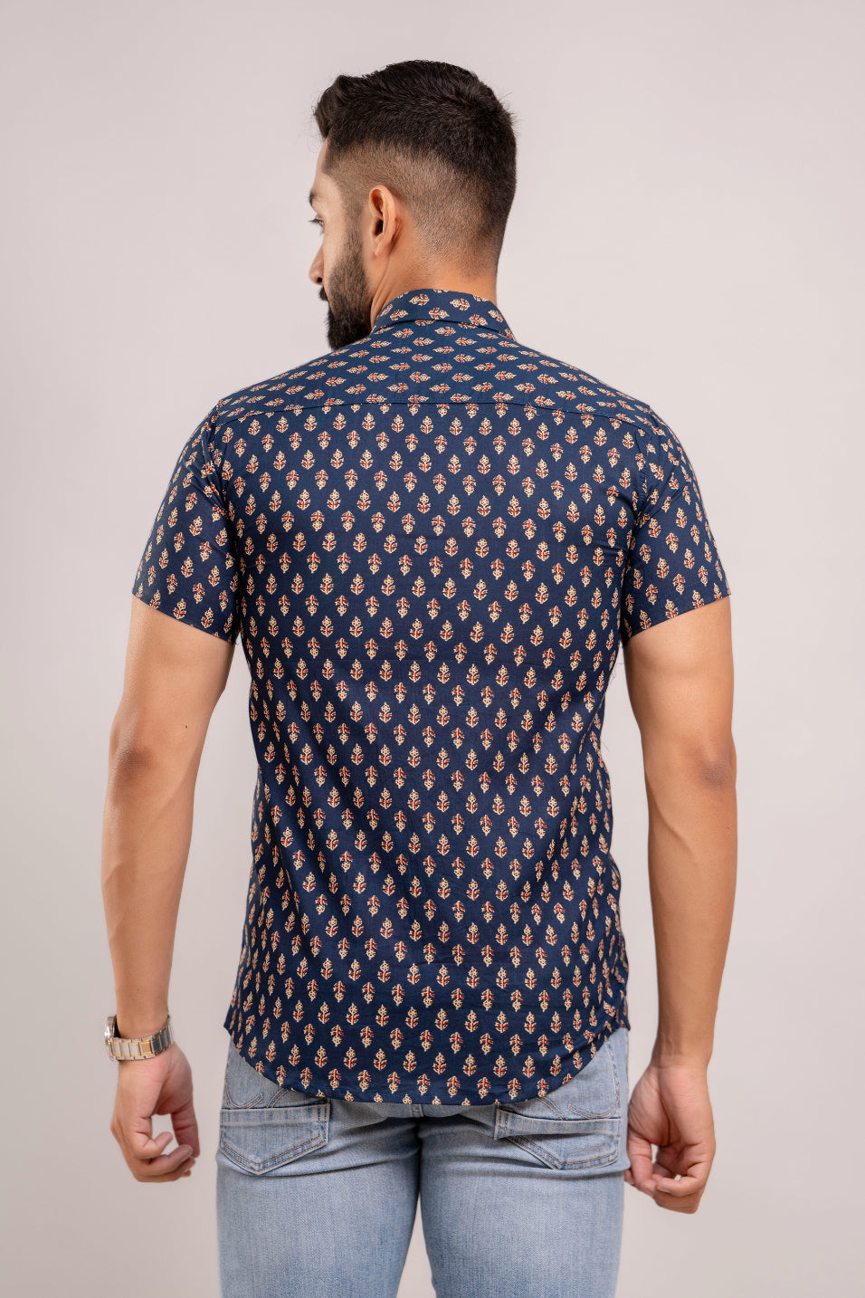 Men Navy Blue Ethnic Printed Short Sleeves Casual Cotton Shirt-FrionKandy