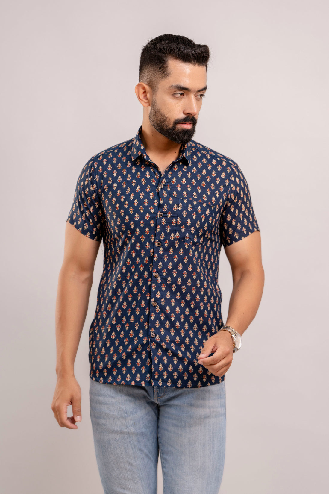 Men Navy Blue Ethnic Printed Short Sleeves Casual Cotton Shirt-FrionKandy