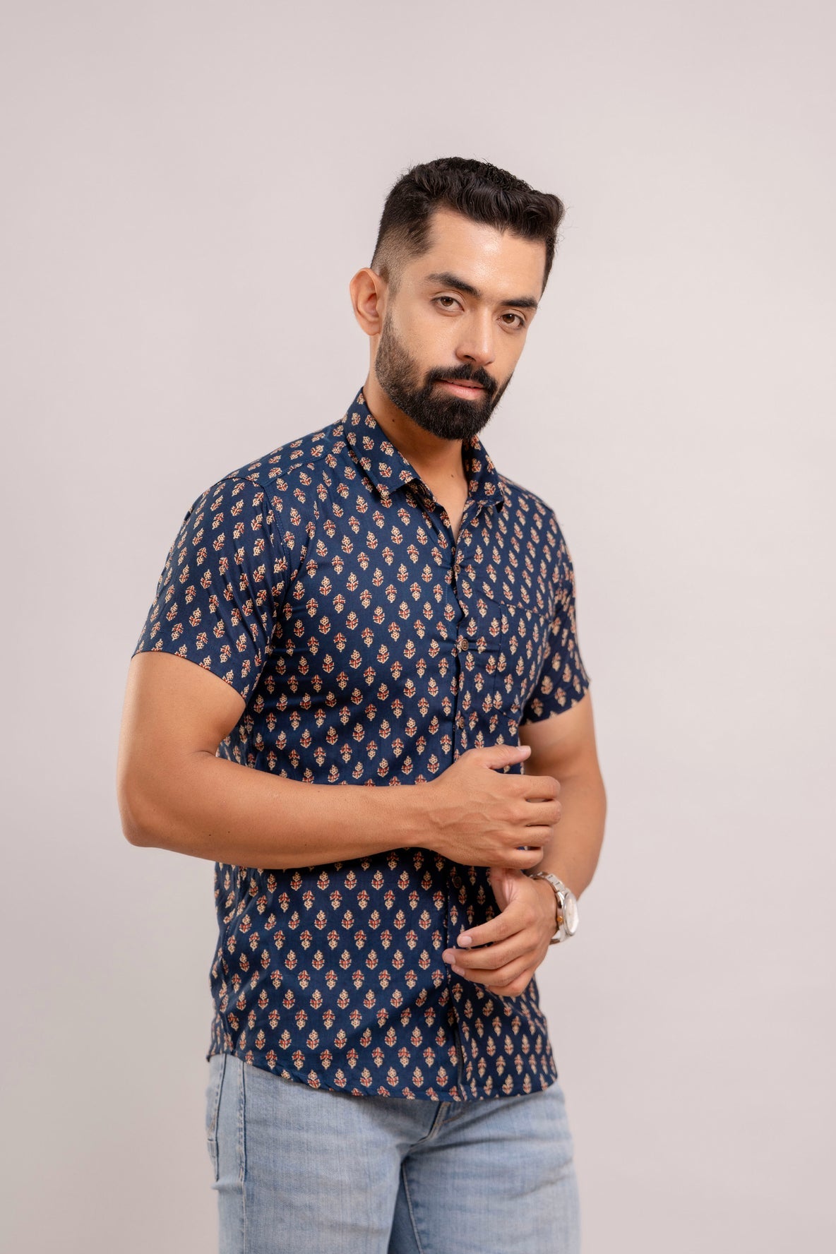 Men Navy Blue Ethnic Printed Short Sleeves Casual Cotton Shirt-FrionKandy