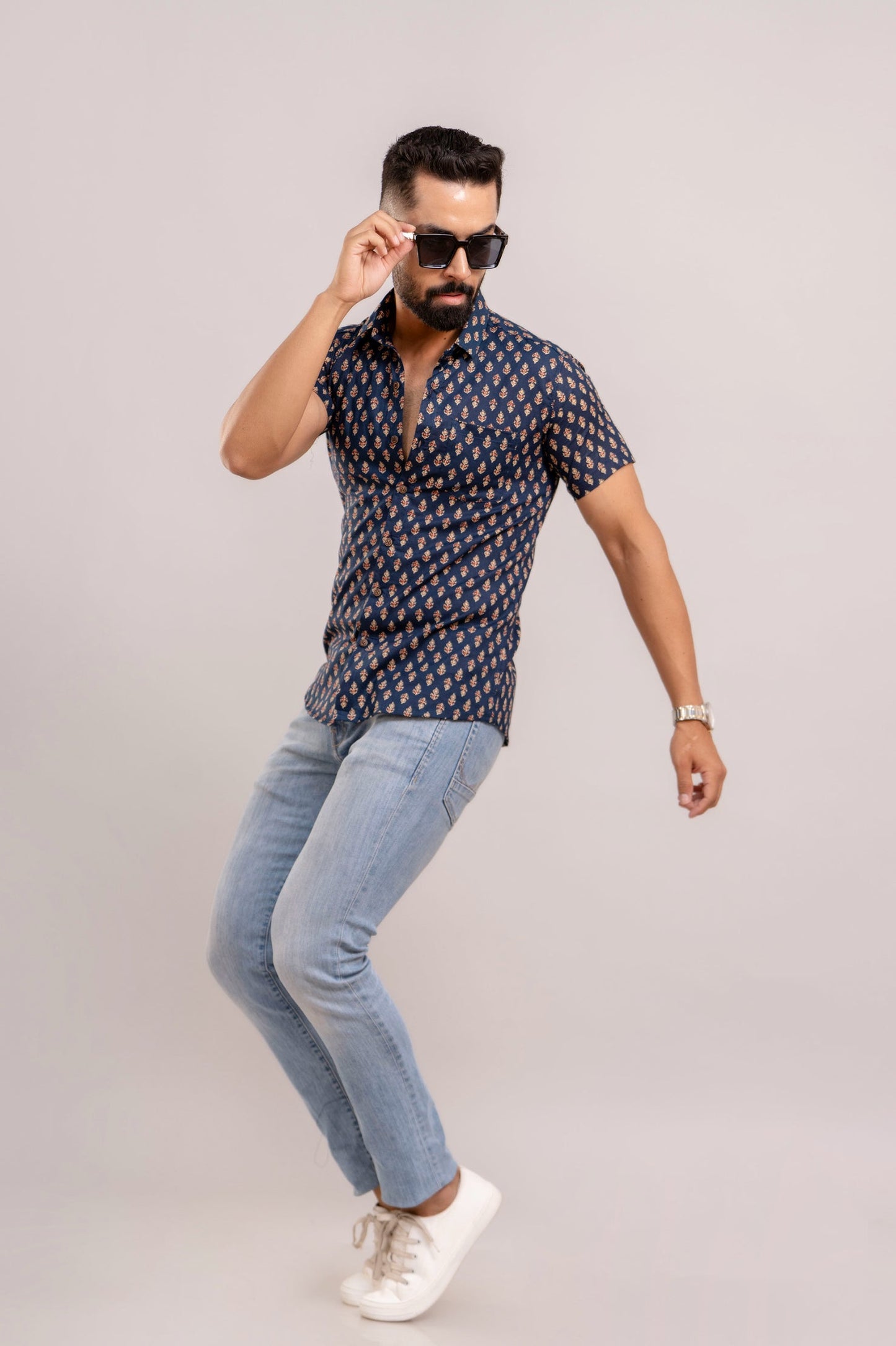 Men Navy Blue Ethnic Printed Short Sleeves Casual Cotton Shirt-FrionKandy