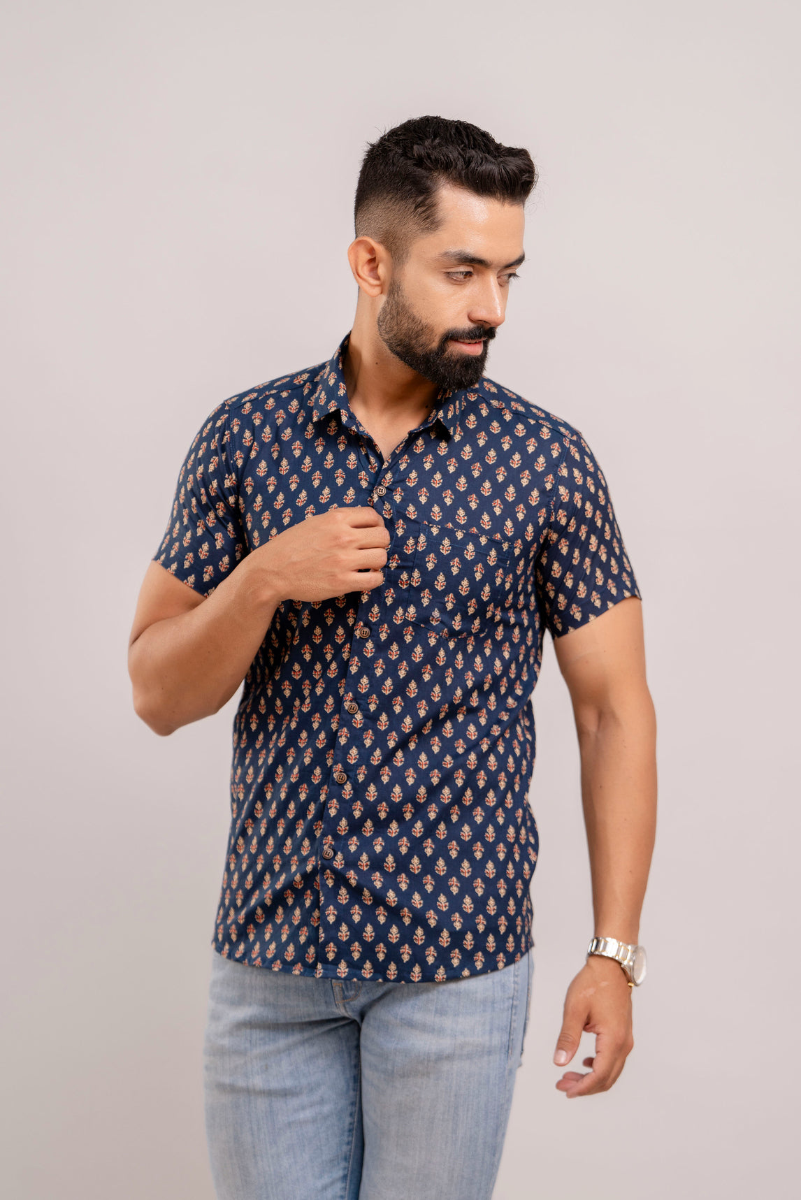 Men Navy Blue Ethnic Printed Short Sleeves Casual Cotton Shirt-FrionKandy