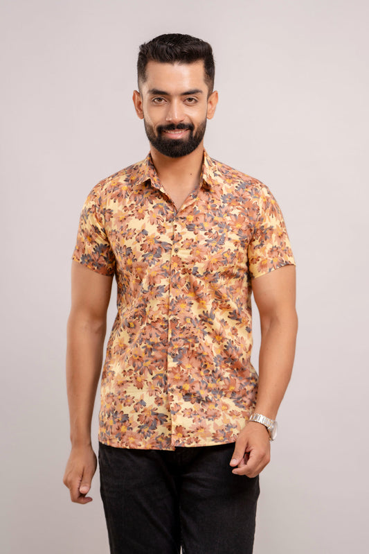 Men Yellow Floral Printed Short Sleeves Casual Cotton Shirt-FrionKandy