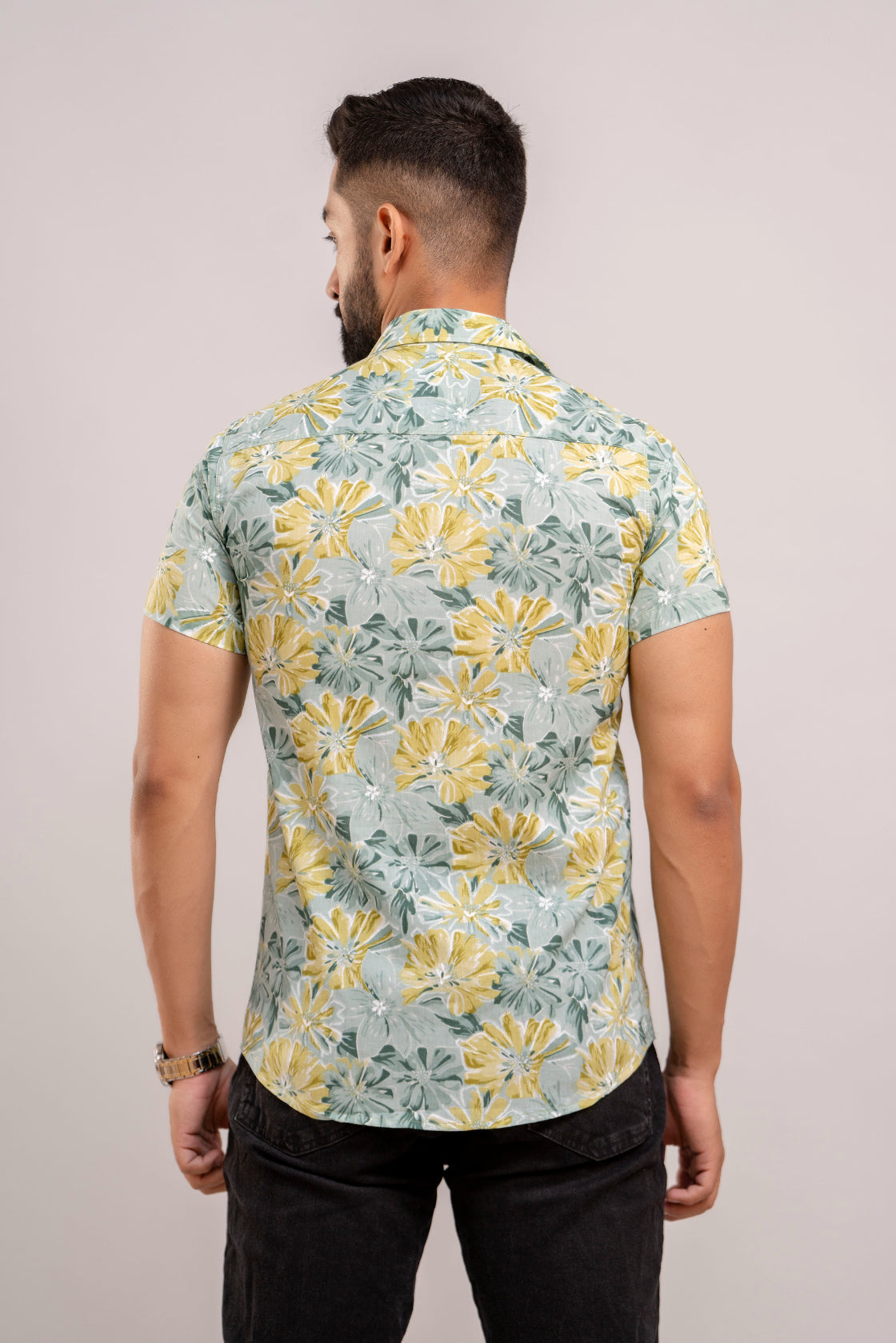 Men Sea Green Floral Printed Short Sleeves Casual Cotton Shirt-FrionKandy