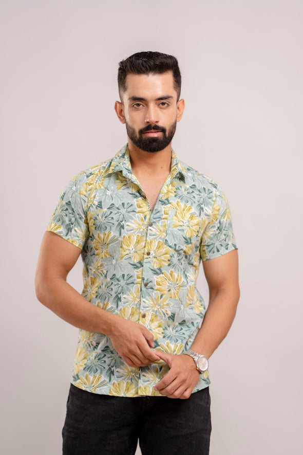 Men Sea Green Floral Printed Short Sleeves Casual Cotton Shirt-FrionKandy