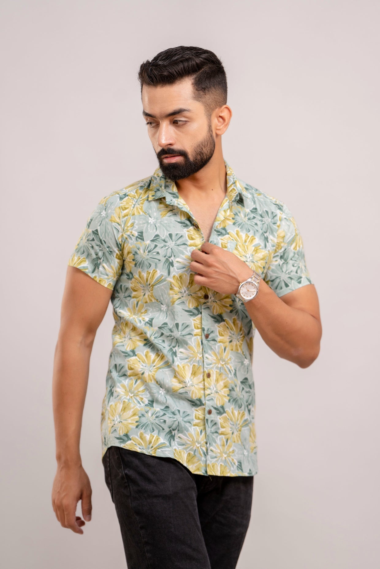 Men Sea Green Floral Printed Short Sleeves Casual Cotton Shirt-FrionKandy