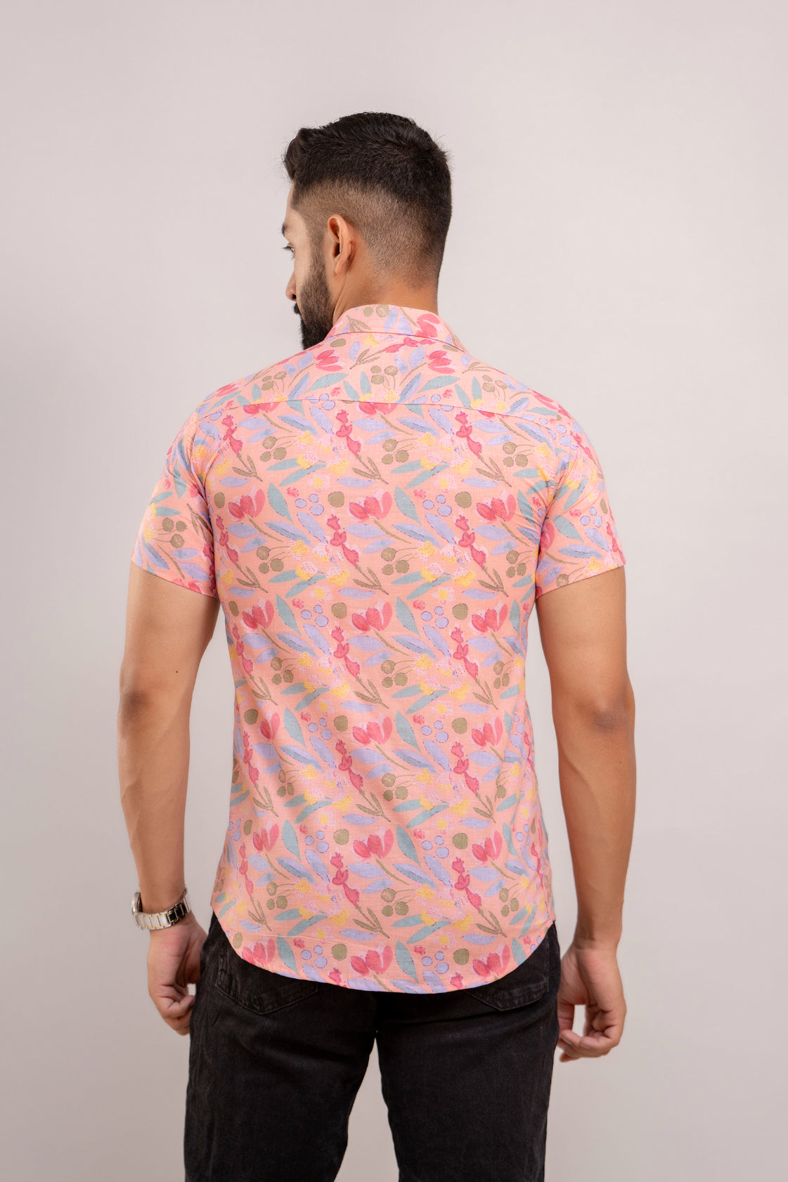 Men Pink Floral Printed Short Sleeves Casual Cotton Shirt-FrionKandy