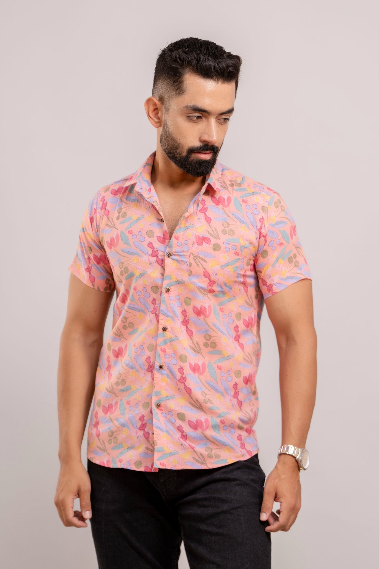 Men Pink Floral Printed Short Sleeves Casual Cotton Shirt-FrionKandy