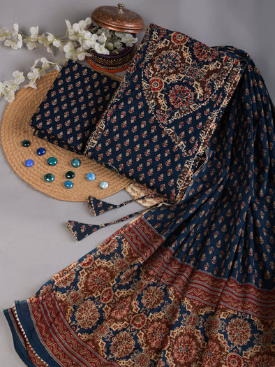 Denim Blue Gota Work Angrakha Style Pure Cotton Unstitched Dress Material-SHKS1153