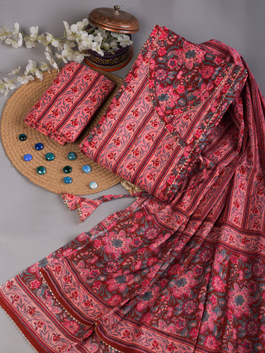 Rouge Pink Gota Work Angrakha Style Pure Cotton Unstitched Dress Material-SHKS1155