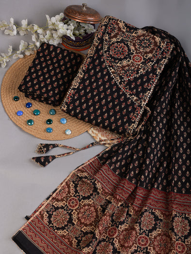 Black Gota Work Angrakha Style Pure Cotton Unstitched Dress Material-SHKS1157