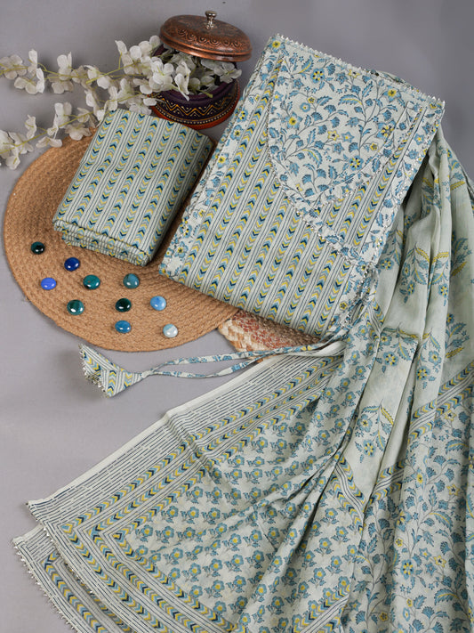 Squirrel Gray & Aqua Gota Work Angrakha Style Pure Cotton Unstitched Dress Material-SHKS1159