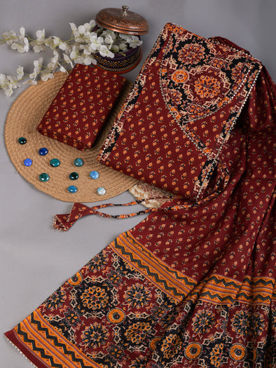 Crimson Maroon Gota Work Angrakha Style Pure Cotton Unstitched Dress Material-SHKS1161