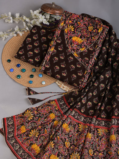 Chocolate Brown Gota Work Angrakha Style Pure Cotton Unstitched Dress Material-SHKS1162