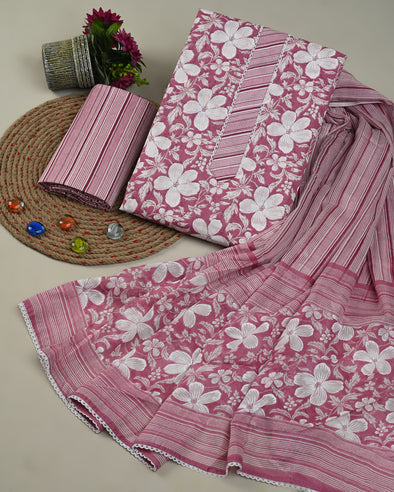 Lavender Floral Printed Lace Work Tie Yoke Pure Cotton Unstitched Dress Material SHKS1200