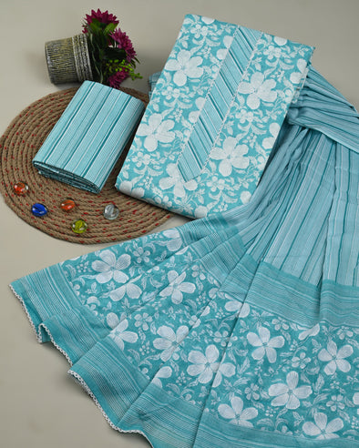 Arctic Blue Floral Printed Lace Work Tie Yoke Pure Cotton Unstitched Dress Material SHKS1201
