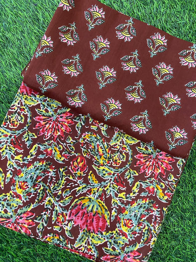 Chocolate Brown Floral Printed Pure Cotton Top and Bottom Fabric (SHKSS1008)