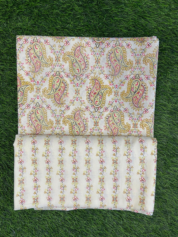 White & Mustard Paisley Printed Pure Cotton Top and Bottom Fabric (SHKSS1015)