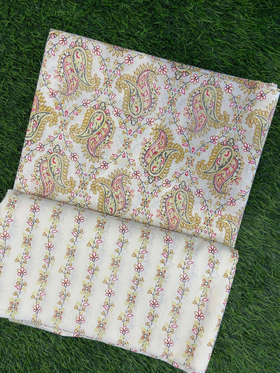 White & Mustard Paisley Printed Pure Cotton Top and Bottom Fabric (SHKSS1015)