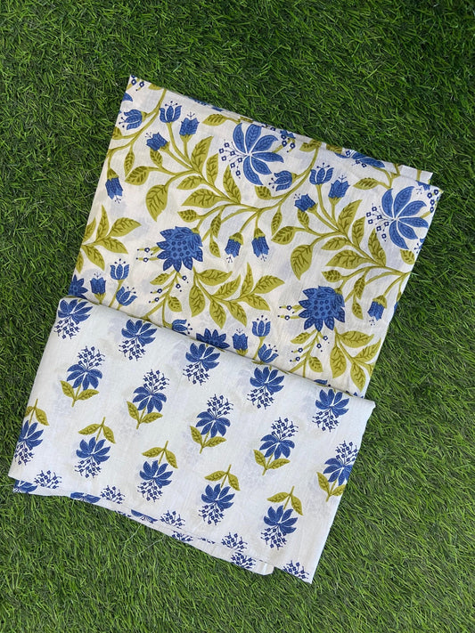 Green & Blue Floral Printed Pure Cotton Top and Bottom Fabric (SHKSS1017)