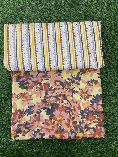 Yellow & Brown Floral Printed Pure Cotton Top and Bottom Fabric (SHKSS1025)