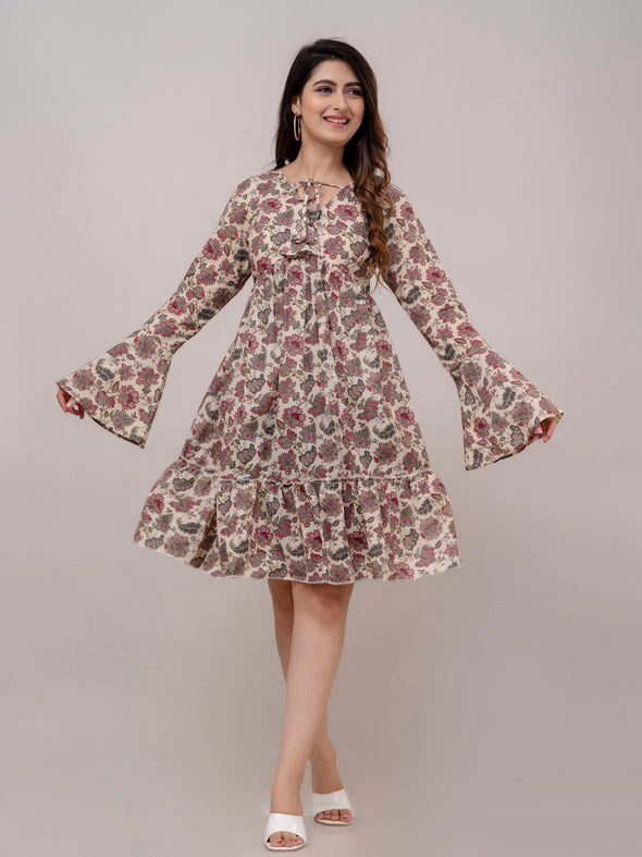 Beige Cotton Printed V-Neck Tiered Tunics