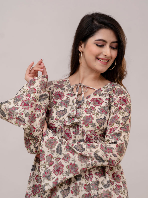 Beige Cotton Printed V-Neck Tiered Tunics