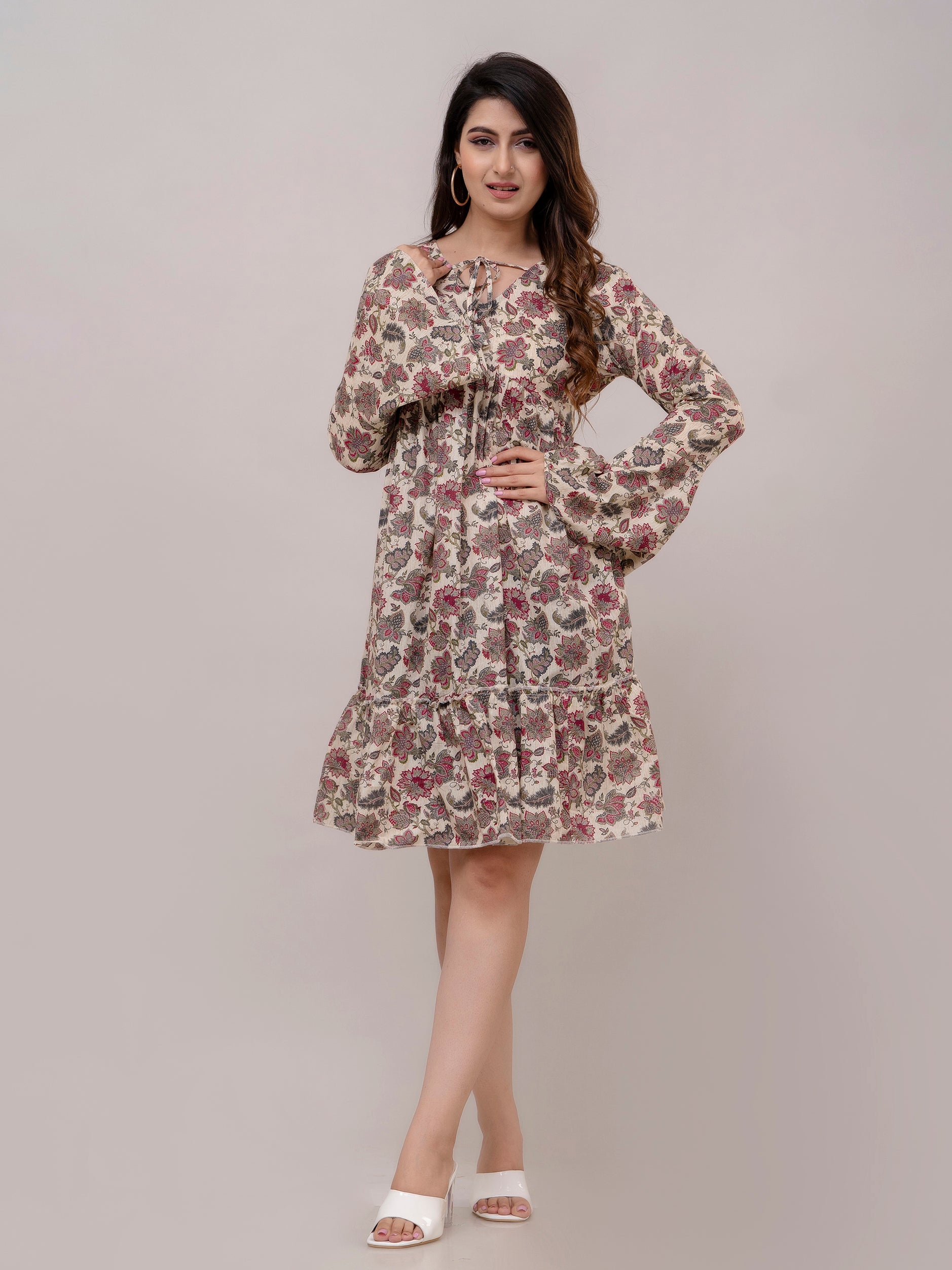 Beige Cotton Printed V-Neck Tiered Tunics