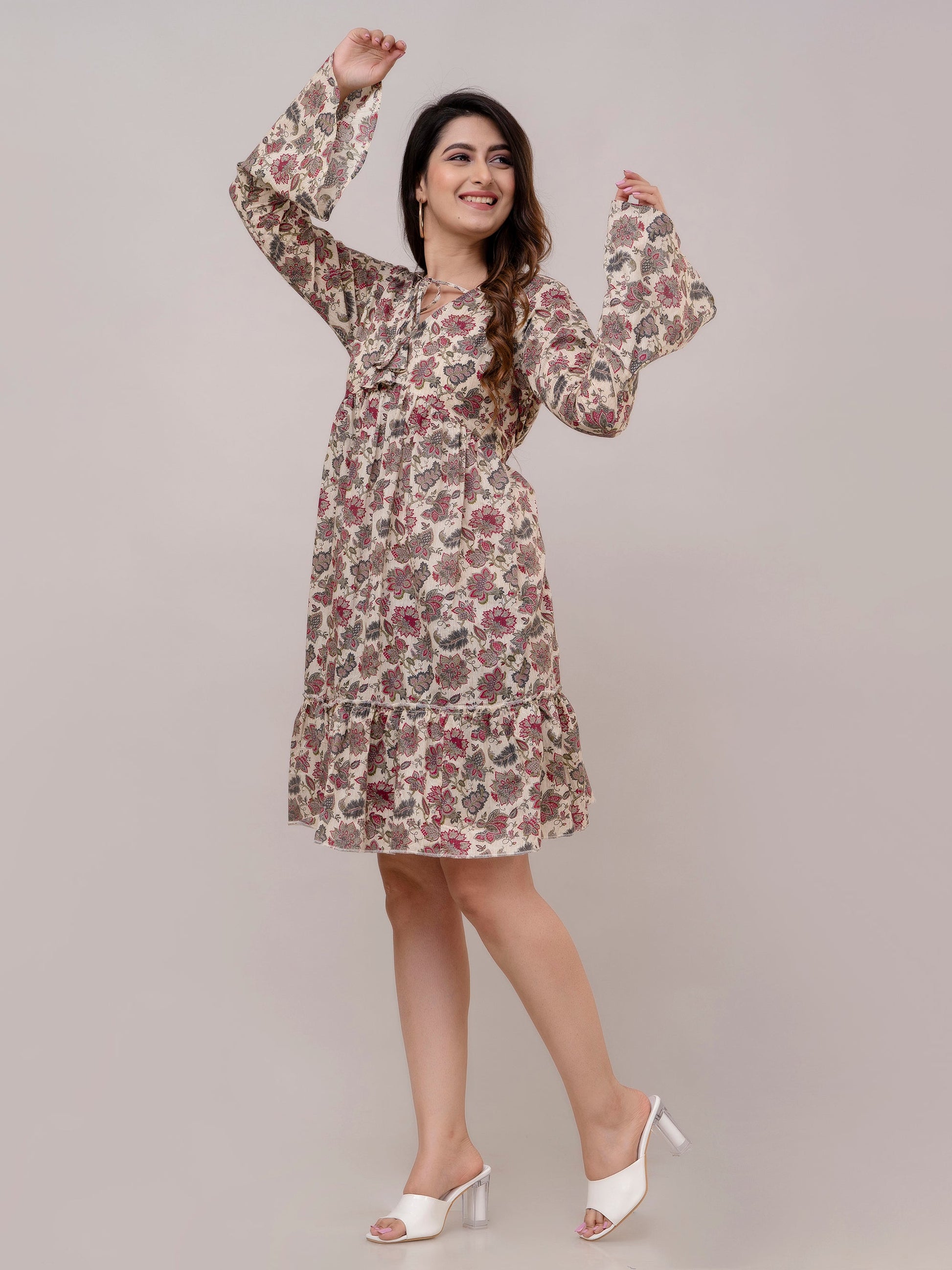 Beige Cotton Printed V-Neck Tiered Tunics