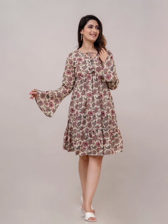 Beige Cotton Printed V-Neck Tiered Tunics