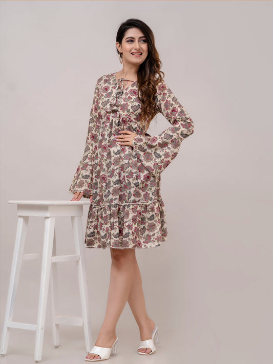 Beige Cotton Printed V-Neck Tiered Tunics