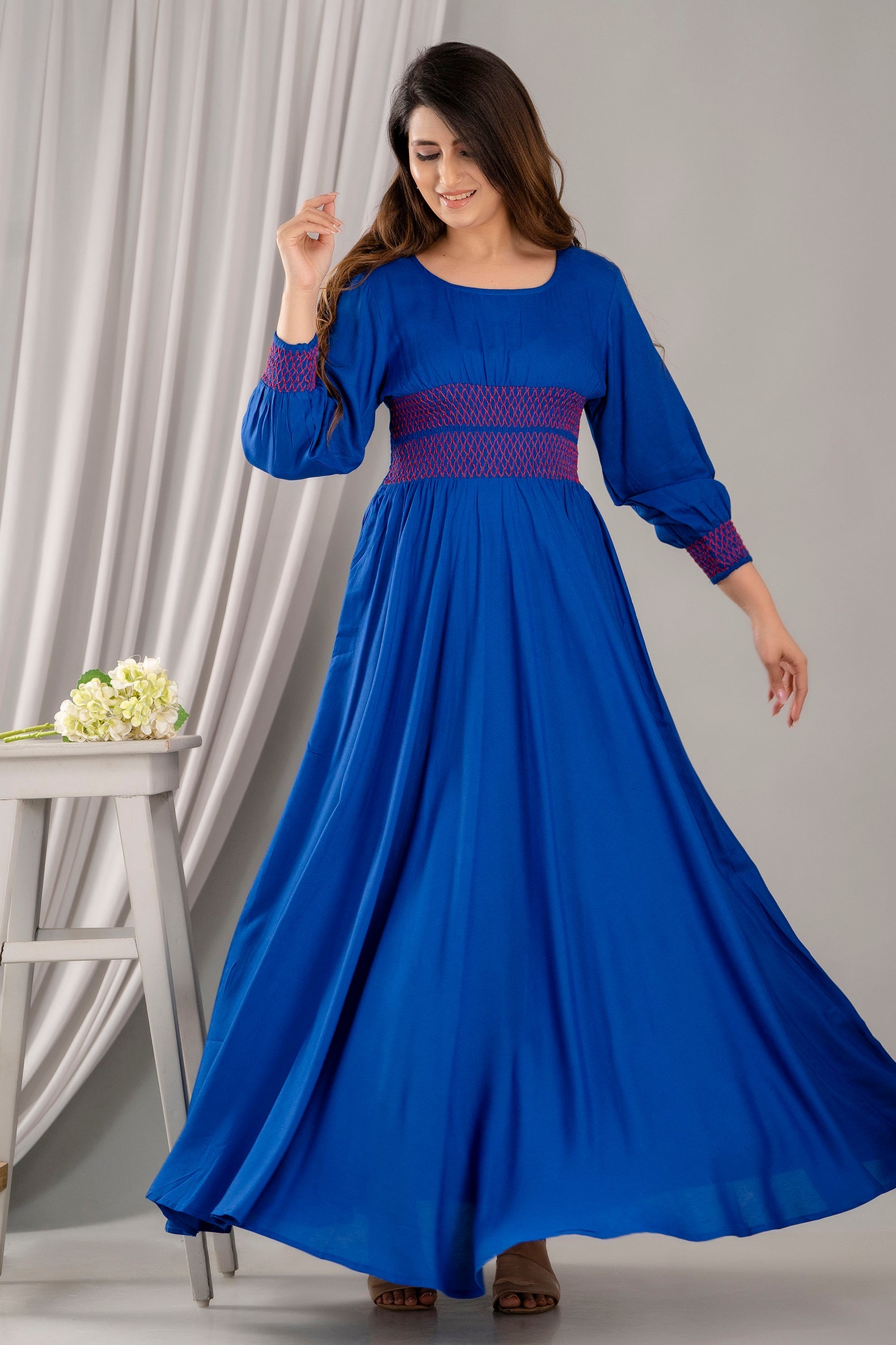 Blue Self Design Smocked Fit and Flare Maxi Dress-FrionKandy