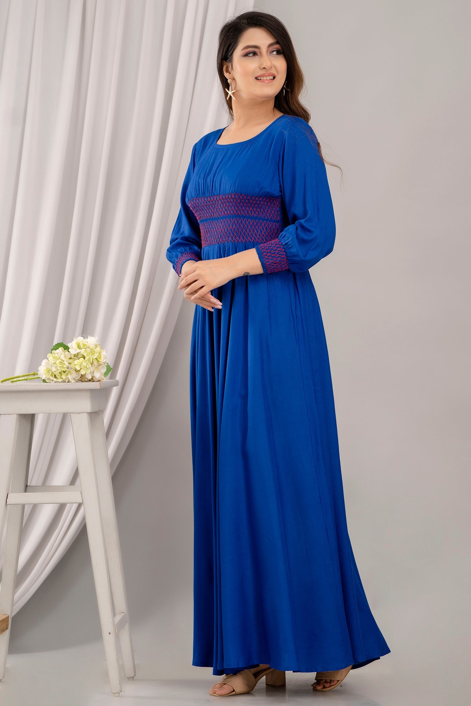 Blue Self Design Smocked Fit and Flare Maxi Dress-FrionKandy