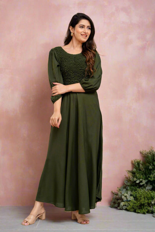 Green Self Design Smocked Fit and Flare Maxi Dress-FrionKandy