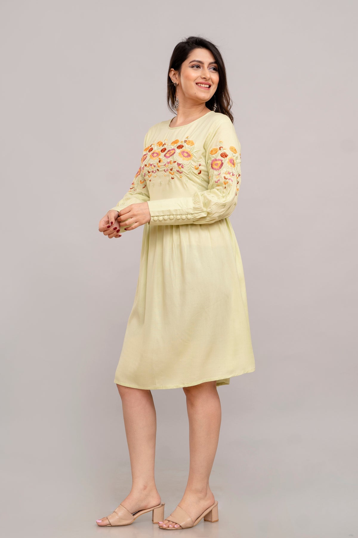 Lime Green Floral Embroidered Mini Fit and Flare Dress - Frionkandy