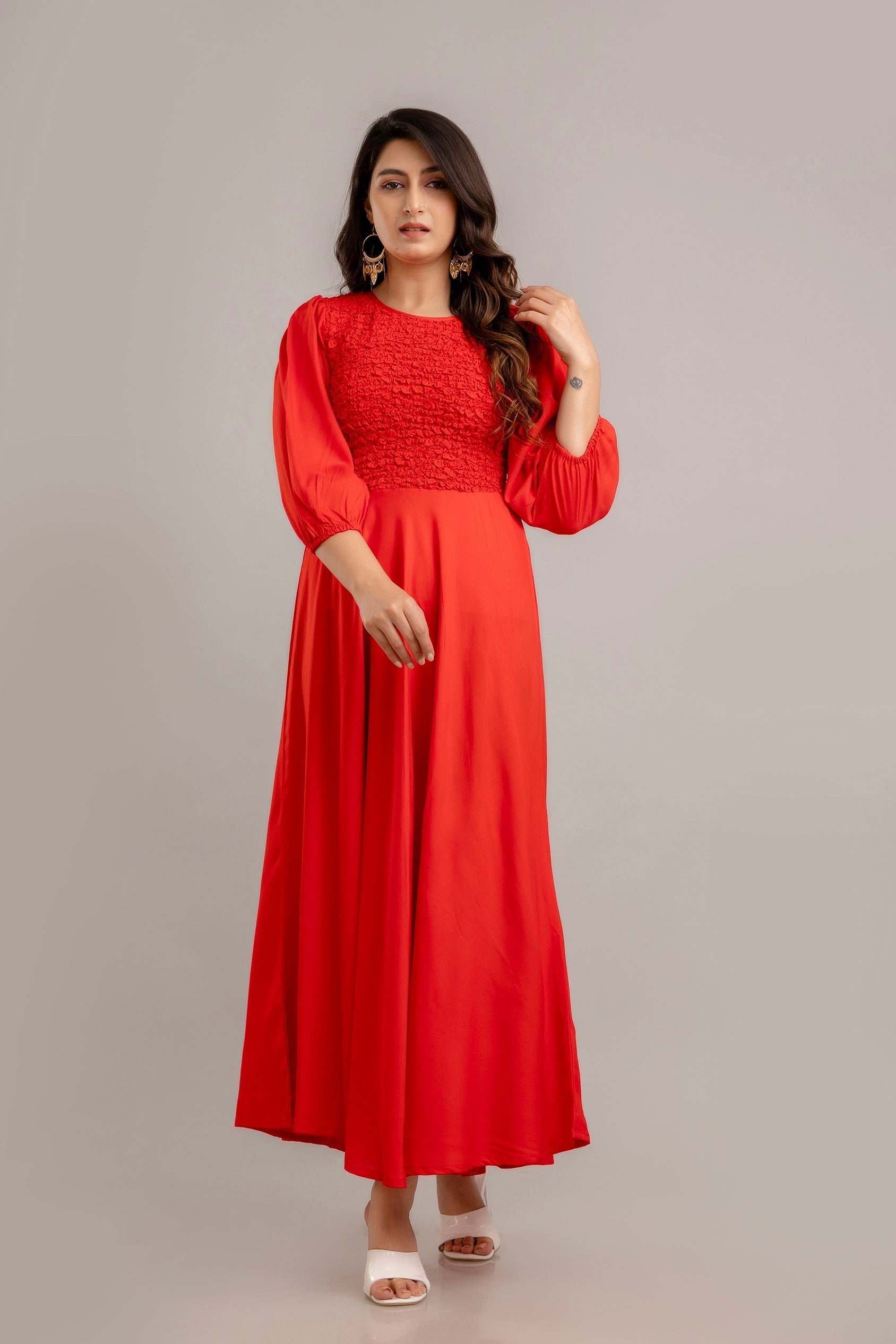 Red Self Design Smocked Fit and Flare Maxi Dress-FrionKandy