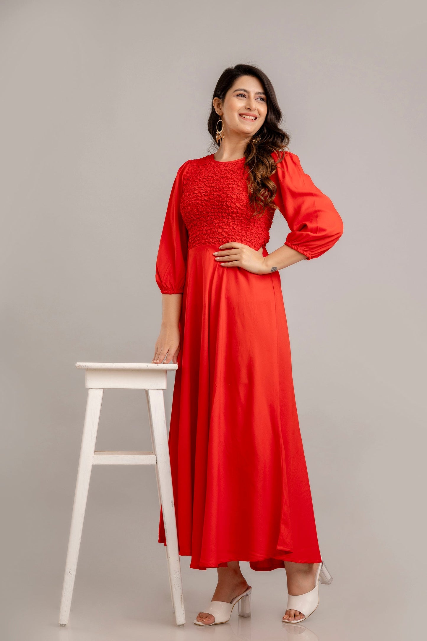 Red Self Design Smocked Fit and Flare Maxi Dress-FrionKandy