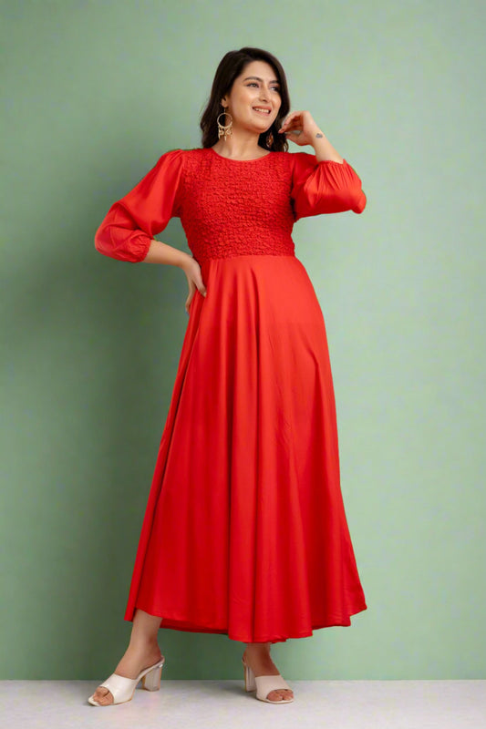 Red Self Design Smocked Fit and Flare Maxi Dress-FrionKandy