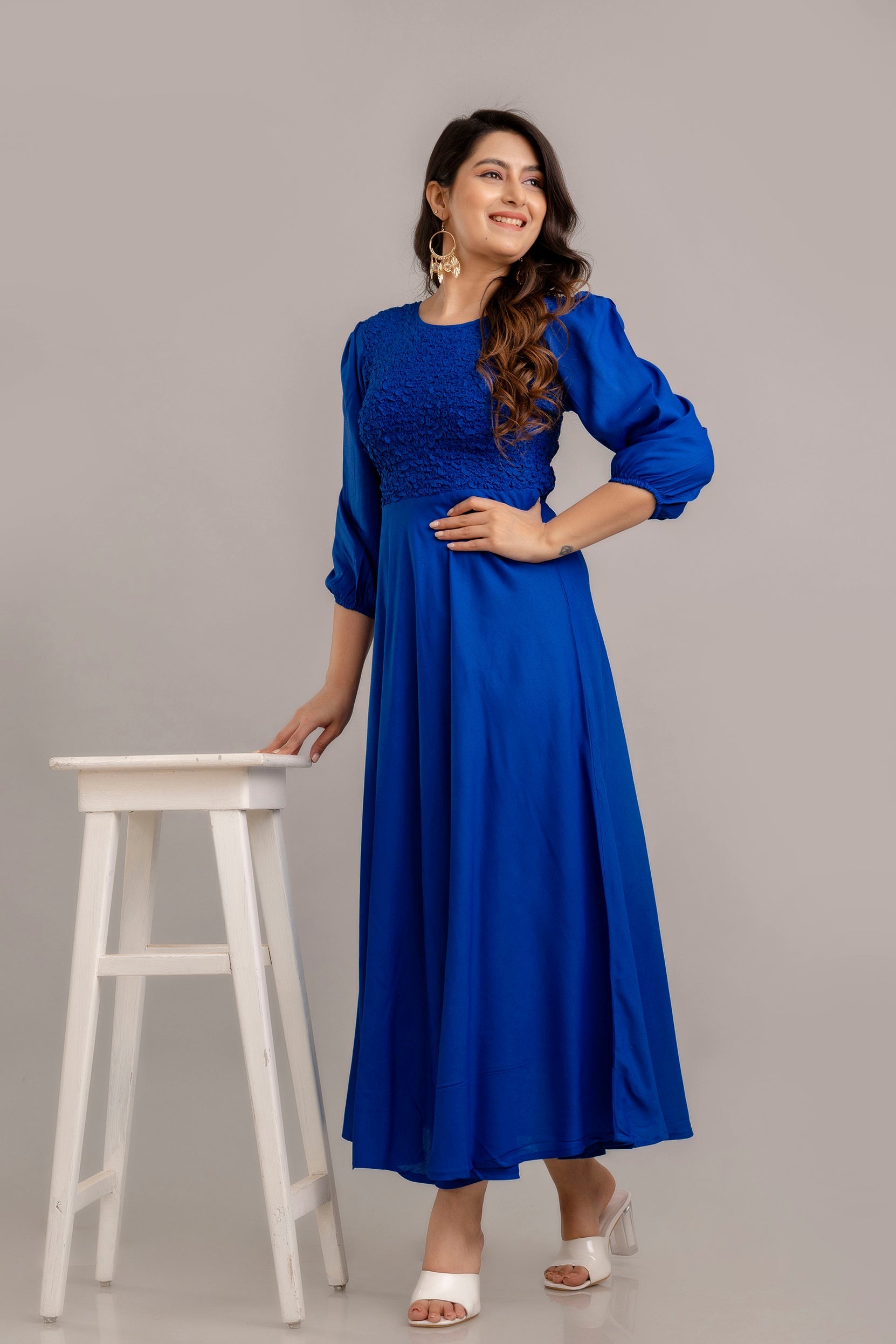 Blue Self Design Smocked Fit and Flare Maxi Dress-FrionKandy