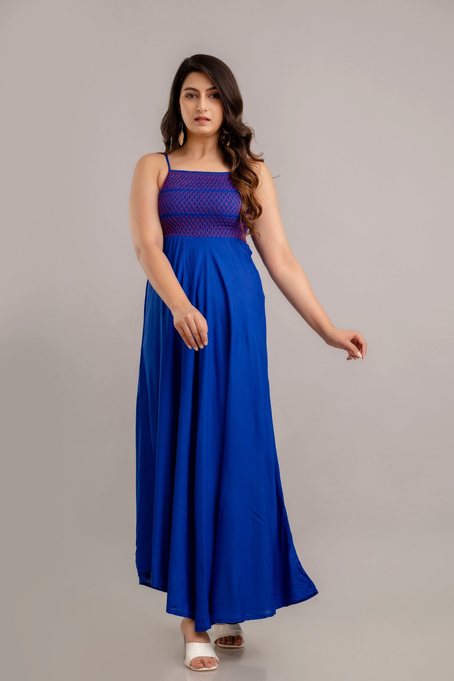 Blue Self Design Sleeveless Fit and Flare Maxi Dress-FrionKandy