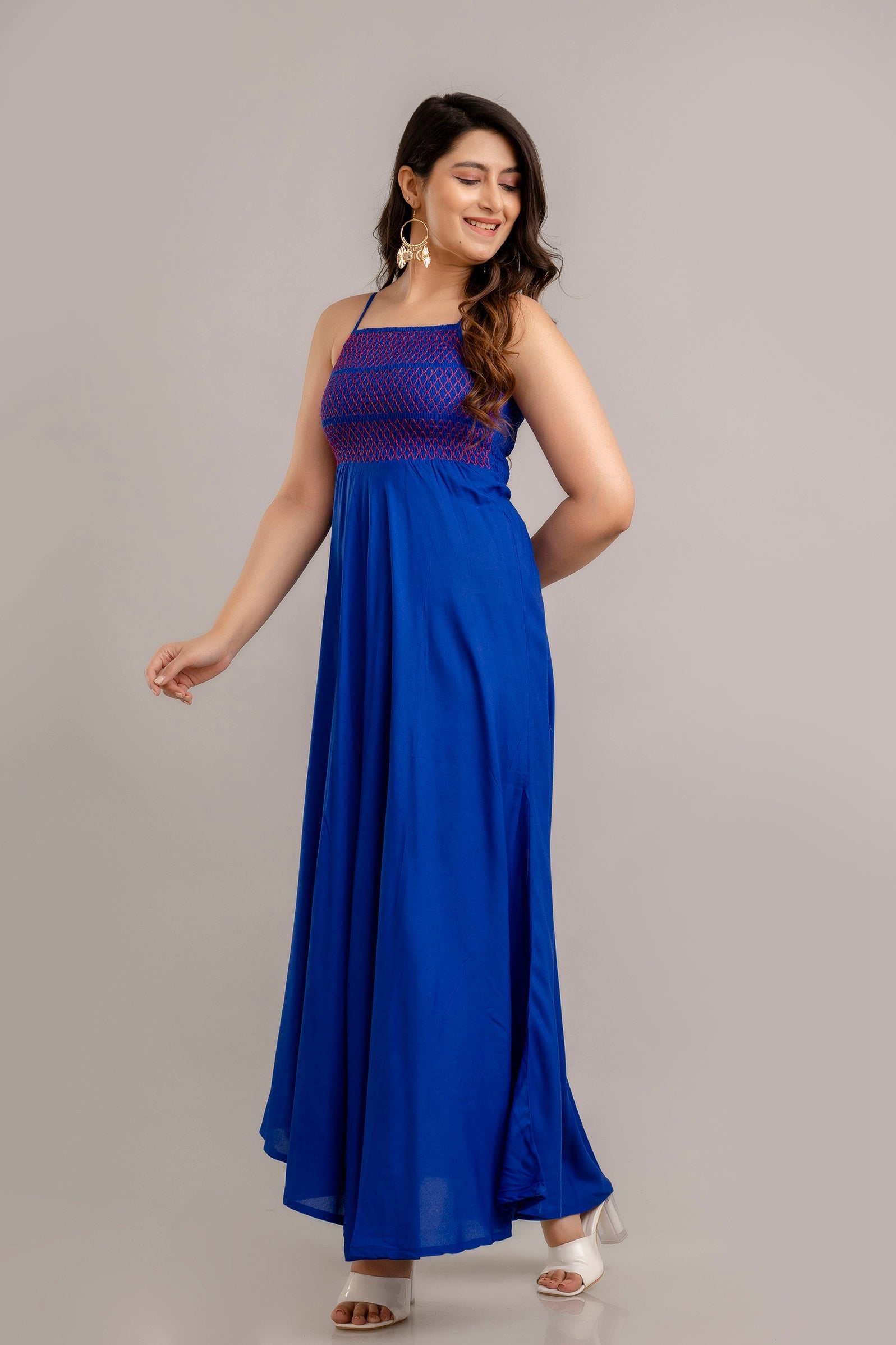 Blue Self Design Sleeveless Fit and Flare Maxi Dress-FrionKandy