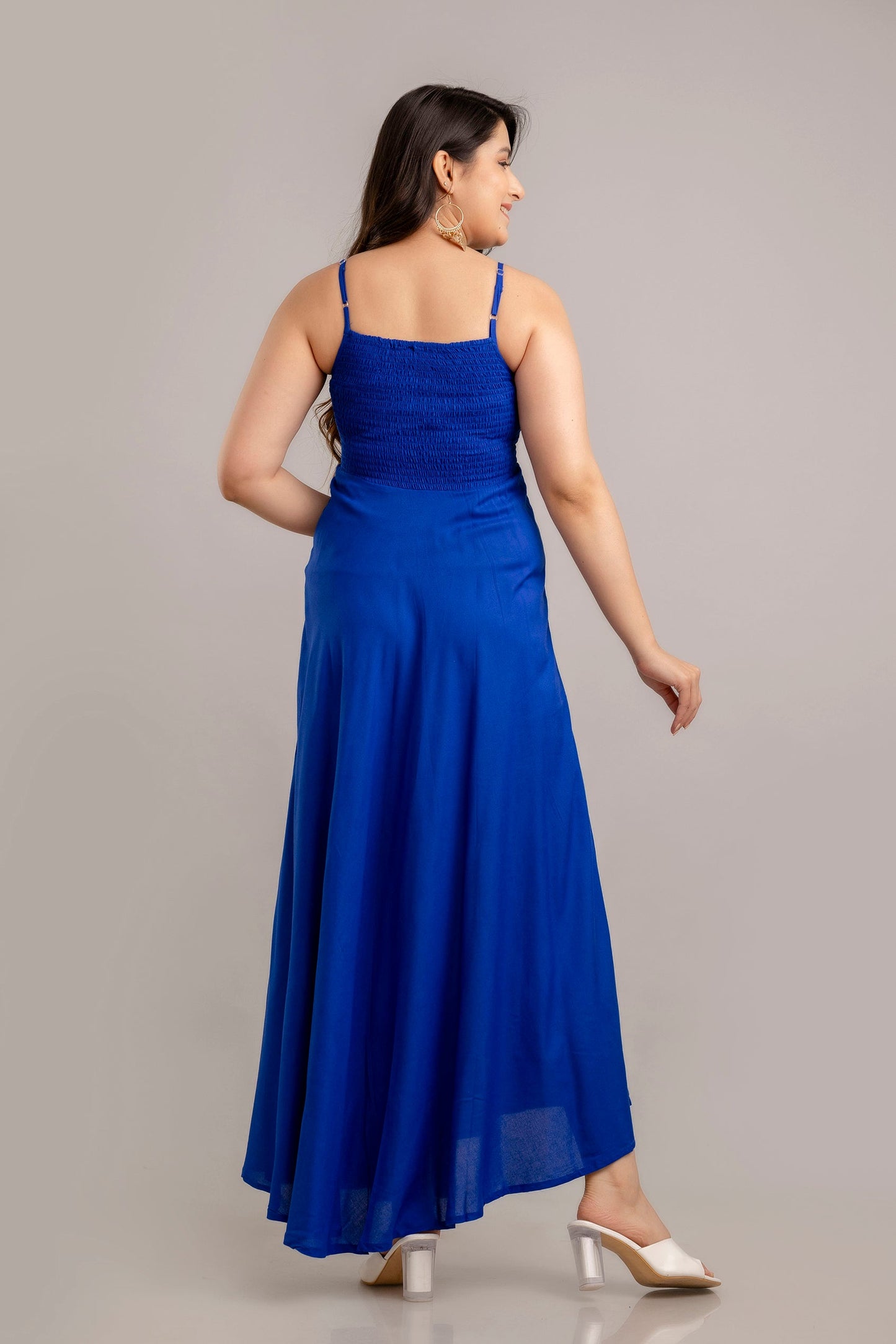 Blue Self Design Sleeveless Fit and Flare Maxi Dress-FrionKandy