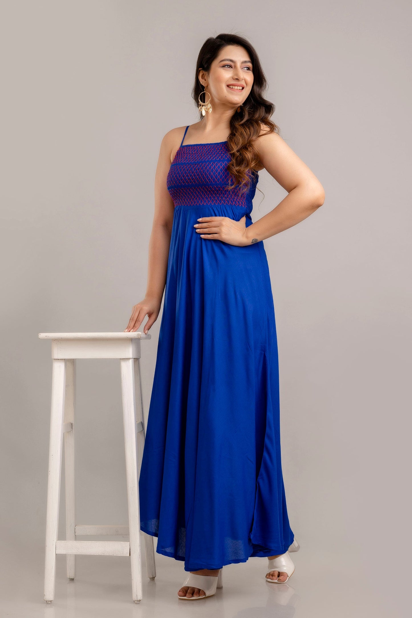 Blue Self Design Sleeveless Fit and Flare Maxi Dress-FrionKandy