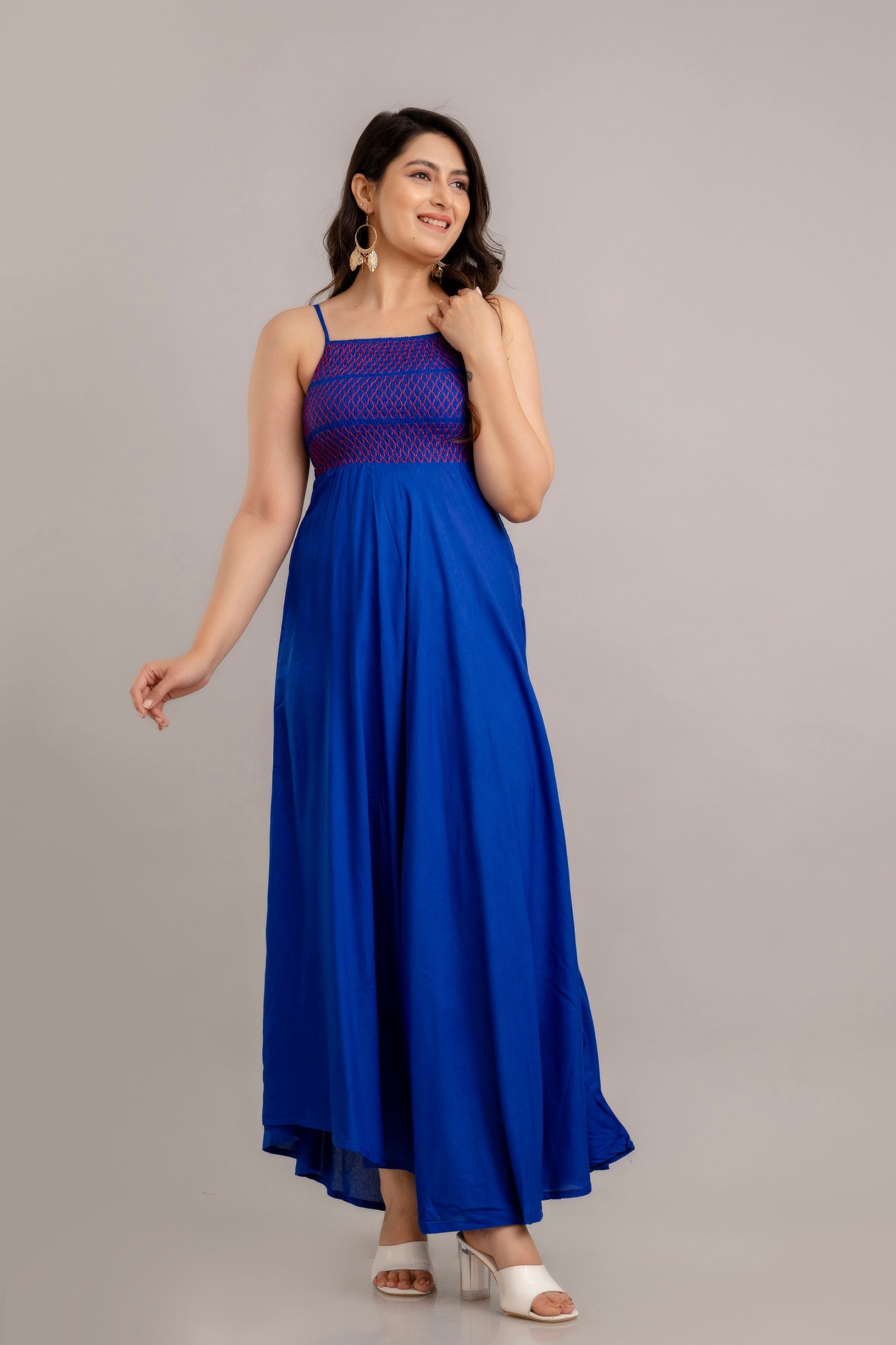 Blue Self Design Sleeveless Fit and Flare Maxi Dress-FrionKandy