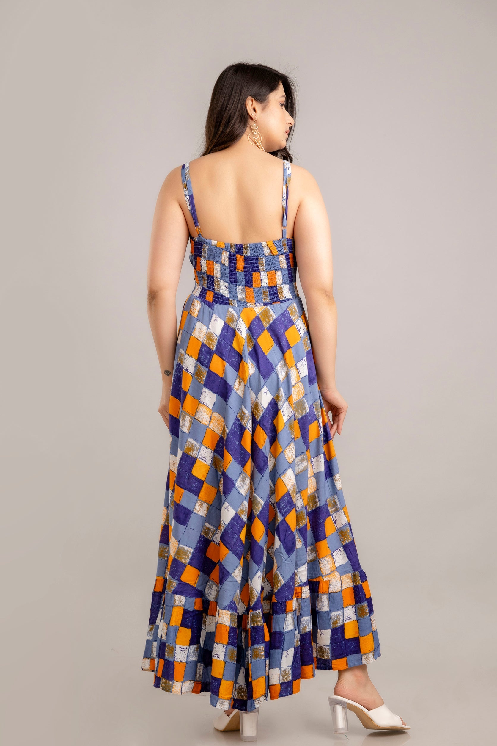 Multi Geometric Printed Sleeveless Fit and Flare Maxi Dress - SHKUP1360