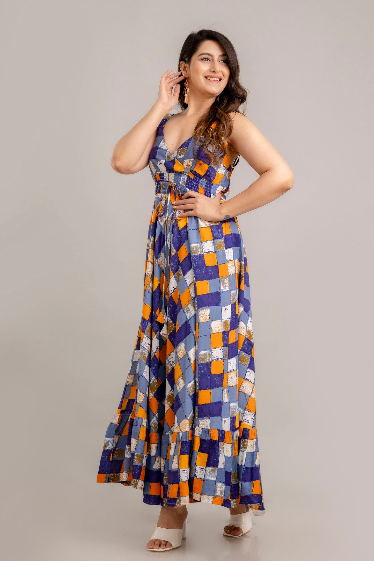 Multi Geometric Printed Sleeveless Fit and Flare Maxi Dress - SHKUP1360