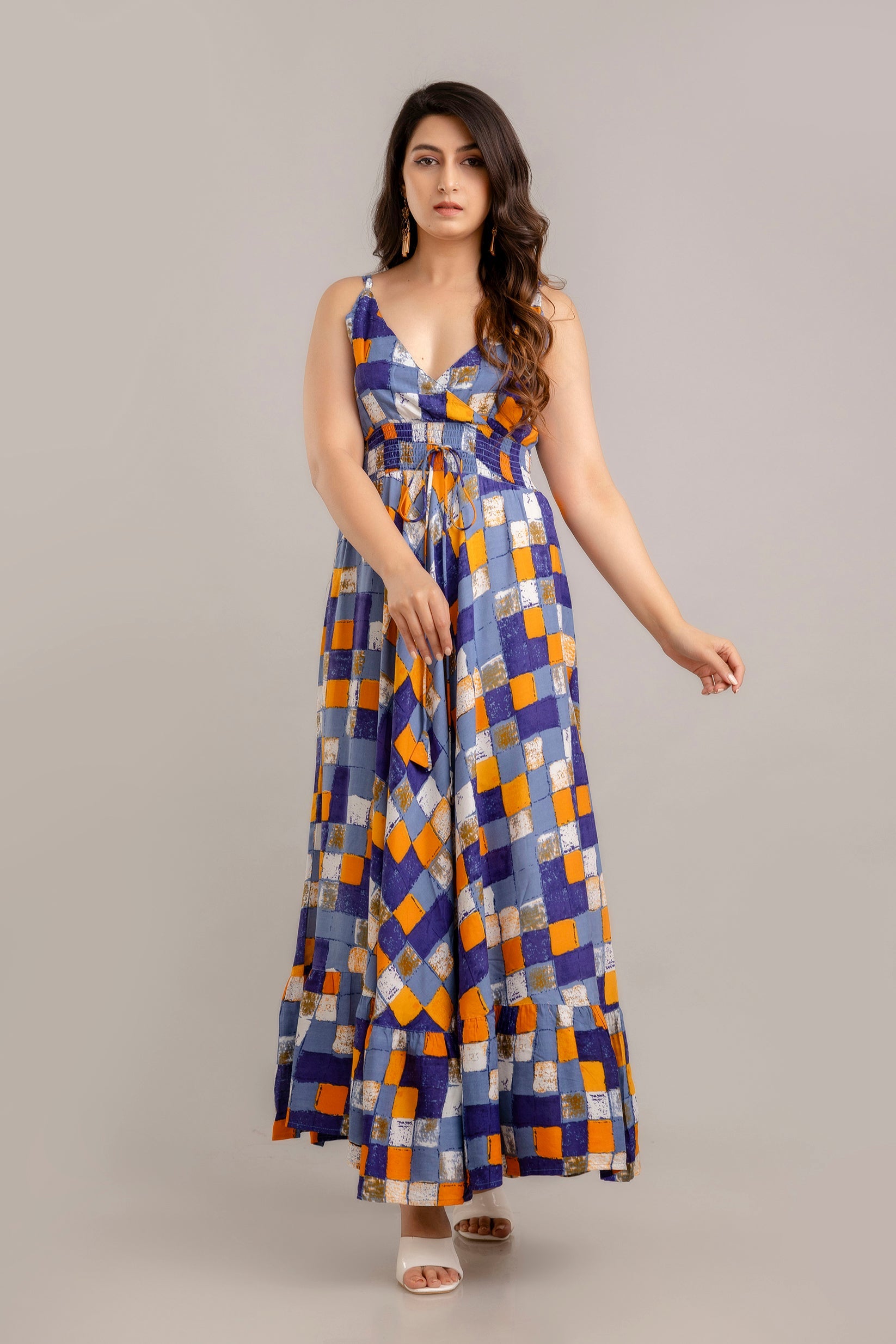 Multi Geometric Printed Sleeveless Fit and Flare Maxi Dress - SHKUP1360